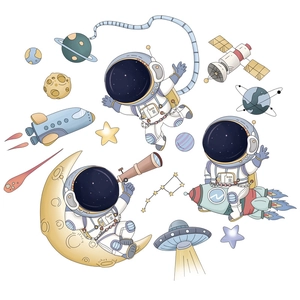 Cartoon space wall stickers featuring astronauts, planets and rockets for nursery decor