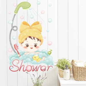 Cartoon Mädchen Baden Wandaufkleber Wasserdicht PVC Aufkleber Für Badezimmer Deko Süßes Shower Design Für Kinderzimmer Home WC Dekoration