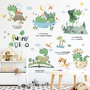 Cute cartoon dinosaur wall stickers for kids room decoration with nature elements