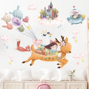 Cartoon wall decals with deer, fox, and hot air balloons for kids room wall decoration