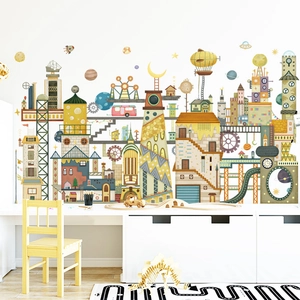 Cartoon Nordic architecture wall decals with planets and rockets for children's room