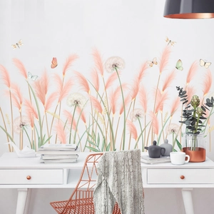 Pink reed flower and dandelion wall sticker with colorful butterflies for bedroom decor