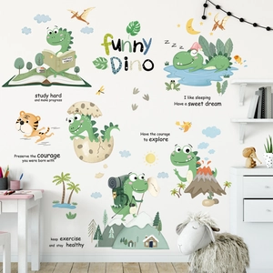 Cute cartoon dinosaur wall stickers set with volcano and trees for nursery room decor