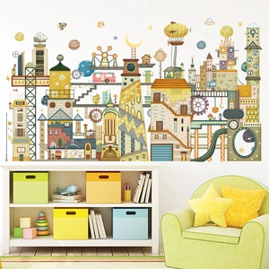 Nordic hand-drawn city wall sticker with hot air balloons and planets for kids room