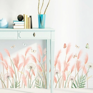 Pink reed and dandelion wall stickers with colorful butterflies for home decor