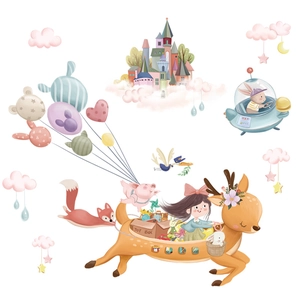 Dreamy cartoon wall stickers set with deer, castle, and balloons for kids' room decoration