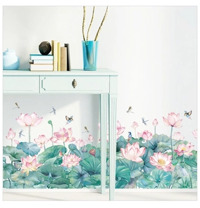 Détail de stickers muraux lotus style chinois avec feuilles aquarelle et oiseaux