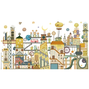 Nordic fantasy space city wall sticker with planets, rockets and hot air balloons for decor