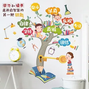 Educational knowledge tree wall decal with pencil trunk and cartoon students for classroom