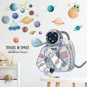 Hand-painted space wall decals with astronauts, planets and UFO for kids room decor