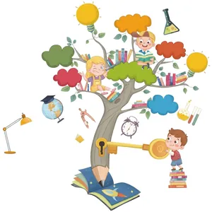 Inspirational knowledge tree wall sticker with pencil trunk and educational cartoon icons