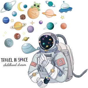 Cartoon astronaut and colorful planets wall decals for creative space nursery decoration