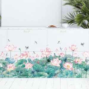 Stickers Muraux Style Chinois Fleur de Lotus PVC Amovible Plantes Vertes Décalcomanies Florales Pour Salon Chambre