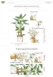 Detail of Nordic green plant wall stickers showing collage dimensions of 93x91cm