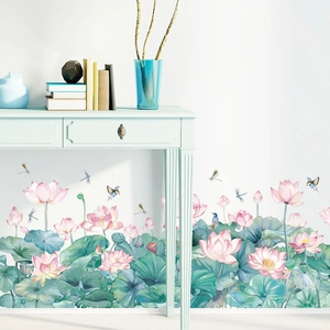 Stickers muraux lotus à l'aquarelle avec feuilles vertes et oiseaux pour décoration salon