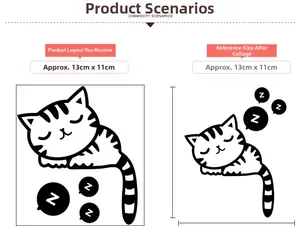 Macro view showing layout and dimensions of sleeping cat sticker for wall decor