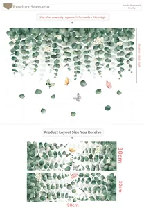 Detail view showing green leaf wall decal dimensions and layout for living room decor