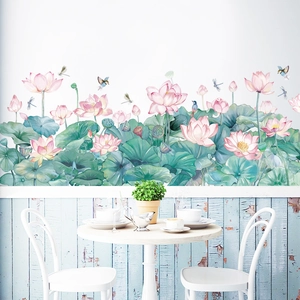 Sticker mural lotus de style aquarelle chinois avec fleurs roses et feuilles vertes
