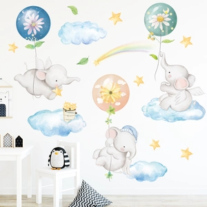 Nursery wall sticker with cute flying elephants and colorful daisy balloons for kids room