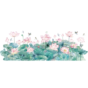 Sticker mural panoramique de lotus chinois avec feuilles vertes et libellules pour salon
