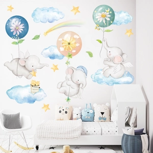 Elephant and rainbow wall stickers set for nursery room decoration in watercolor style