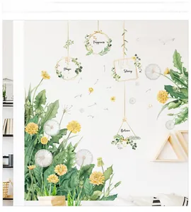 Detail of Nordic dandelion wall stickers with green leaves and inspirational text on white wall