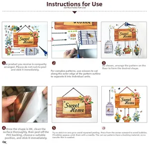 Guide de pose pour sticker mural Sweet Home en PVC avec motifs fleurs et cage oiseaux