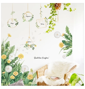 Detail of Nordic dandelion wall stickers with decorative hanging frames on a white wall