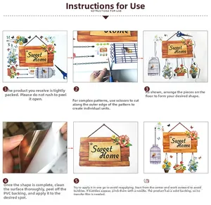 Five-step application guide for Sweet Home PVC wall stickers with birds and floral motifs