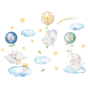 Watercolor cartoon elephant wall stickers with balloons and stars for nursery decor