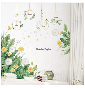 Detail of yellow dandelion wall decals with motivational hanging pendant stickers