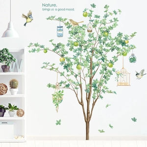 Sticker Mural en PVC Arbre Vert Oiseaux Nordique Imperméable Thème Nature Autocollant pour Salon Chambre Décoration Maison