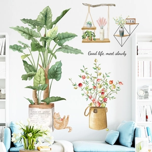 Self-adhesive green plant wall stickers with watercolor cat and floral design for home decor