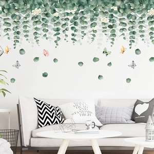 Eucalyptus leaf wall decal with butterflies and white flowers for living room decor