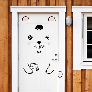 Stickers de porte ours mignon avec nœud rose pour décoration de chambre d'enfant