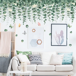 Watercolor green eucalyptus wall decals with butterflies for living room decoration