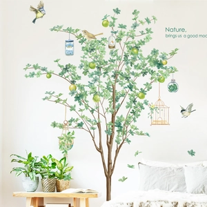 Stickers muraux nordiques d'arbres verts avec oiseaux pour la décoration du salon