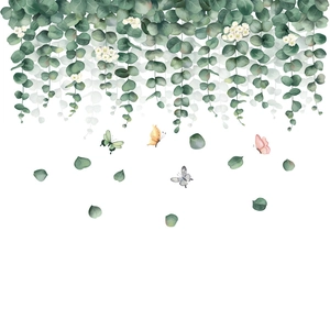 Watercolor eucalyptus leaf wall stickers with colorful butterflies for home decoration