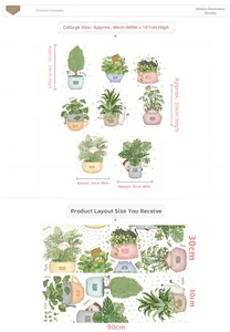 Detailed wall sticker layout with cat and potted plant illustrations for room decor