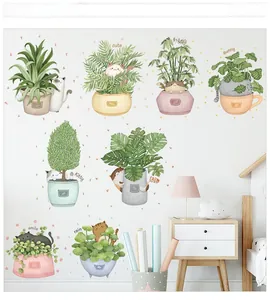 Detail of cartoon cat potted plant wall stickers in soft macaron colors for bedroom decor