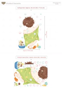 Detail view showing layout and dimensions of cute boy bath time waterproof wall stickers