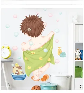 Detailed interior view of cute cartoon boy bathing with bubbles and yellow ducks wall decal