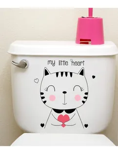 Waterproof PVC cat wall sticker featuring a cute kitten holding a pink heart on a toilet tank