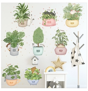 Detail of 8 cute cat and green potted plant wall stickers in illustration style