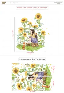 Detail view of sunflower girl wall stickers with layout size and finished dimensions