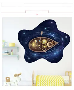 Sticker mural 3D espace montrant une personne pêchant dans une rivière d'étoiles