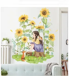 Floral wall sticker showing a girl with sunflowers and animals in a modern living room