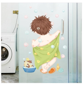 Cartoon boy in green duck towel bathroom wall sticker on frosted glass shower door