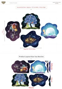 Detail of outer space wall decals showing 107x95cm layout with astronauts and planets