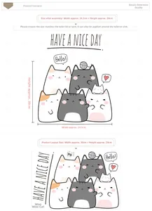 Detail view of cat stickers showing dimensions and waterproof self-adhesive material